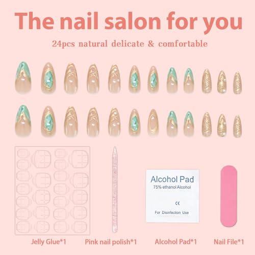 24 Pcs Green Marble Press On Nails - Almond Shape with Gold Glitter