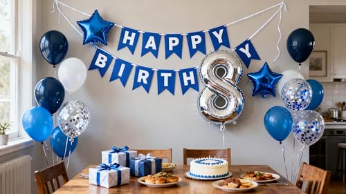 Blue 8th Birthday Decorations Set - Banner & Balloons
