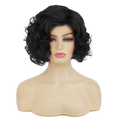 Short Curly Wavy Black Wig for Women - Synthetic Halloween Cosplay