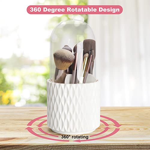 White Makeup Brush Holder Organizer with Lid - 360° Rotating Dustproof