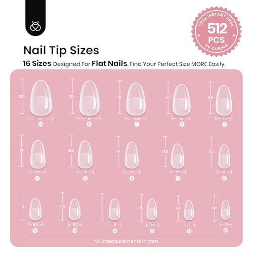 Beetles Tipex Instant Apex Nail Tips Short Oval 512pcs - 16 Sizes, Strong & Pre-Built