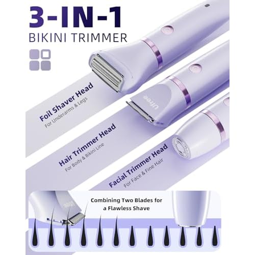 Ufree Bikini Trimmer Electric Razors for Women, Ceramic Blade Body Hair Trimmer, IPX7 Waterproof Rechargeable Lady Shaver, Personal Groomer for Legs & Pubic Hair, Gifts for Women, Purple