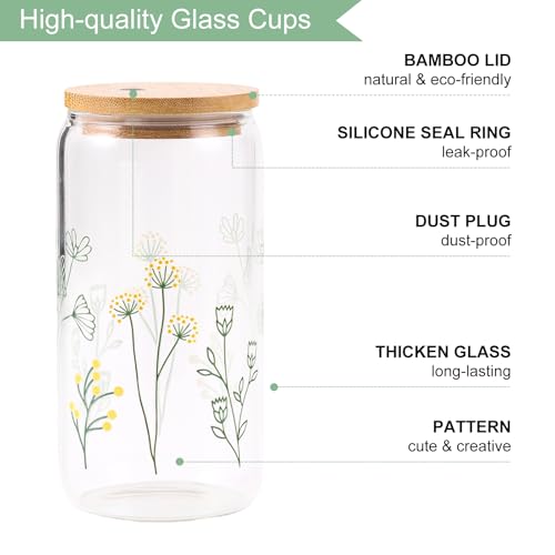 Floral Glass Cup with Lid and Straw - 16oz Aesthetic Tumbler