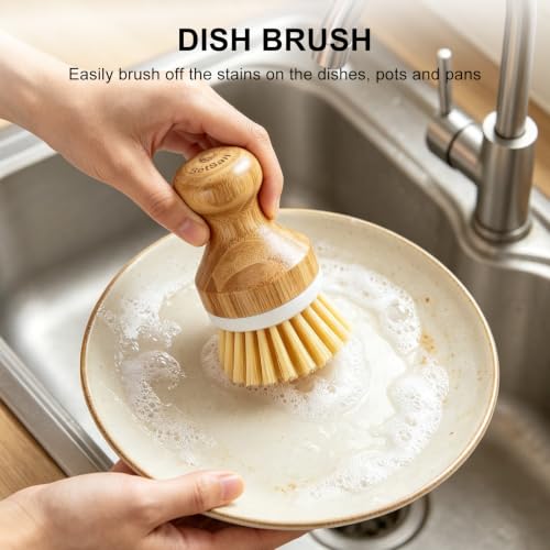 SetSail Bamboo Dish Scrub Brush 2 Pack - Ergonomic Kitchen Cleaning
