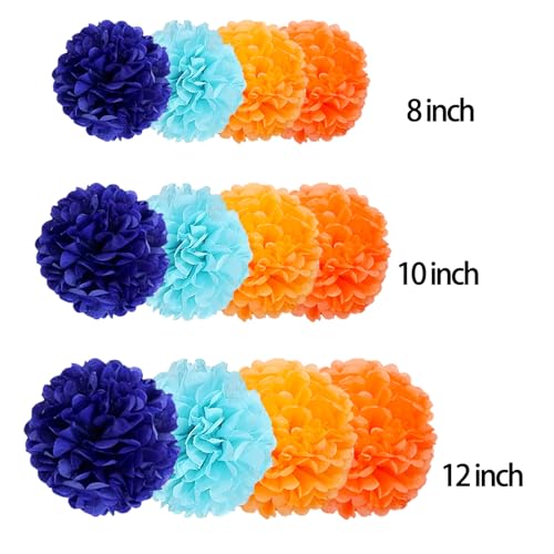12pcs Tissue Paper Pom Poms - Navy Blue, Sky Blue & Orange Party Decor
