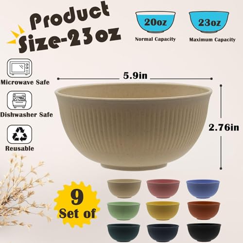 9-Piece Unbreakable Wheat Straw Bowl Set - Multi-Color Dinnerware