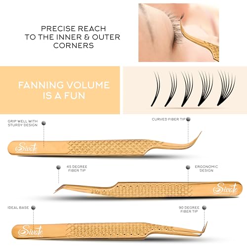 SIVOTE Gold Eyelash Extension Tweezers Set - 6 Professional Fiber Tip Tools