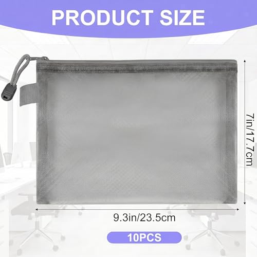 10 Pack Gray Nylon Mesh Zipper Pouches A5 - Durable Storage Bags