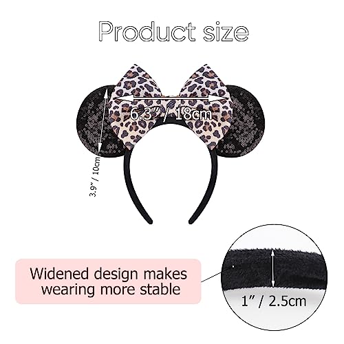 AQOKKA Mouse Ears Headbands with Bow - 3 Pcs Champagne, Black-Leopard Print, Gold-Deep Pink