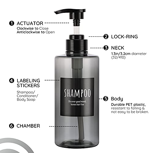 Segbeauty Gray Refillable Shampoo Bottles Set 16.9oz - 3 Pack, Leak-Proof PET Dispenser with Labels for Bathroom & Travel