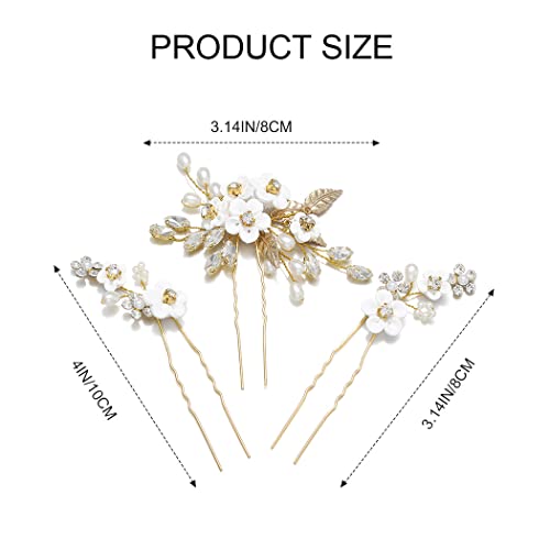 GORAIS Gold Bridal Pearl Flower Hair Pins B-Gold Set for Weddings & Brides