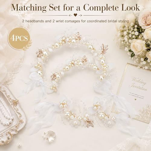 Bridal Pearl & Rhinestone Headband and Wrist Corsage Set - 2-Piece