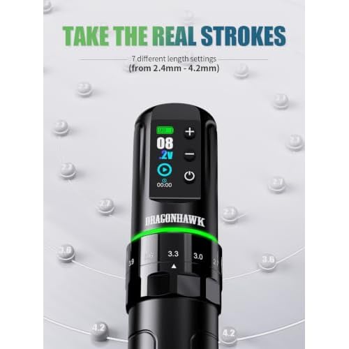 Dragonhawk L3 Wireless Tattoo Kit, Complete Tattoo Gun Kit for Beginners, Adjustable 7 Stroke Tattoo Pen Machine 2.4-4.2mm, Mcore Motor, RCA Corded Backup, Dual 2000mAh Batteries, Tattoo Supplies Set
