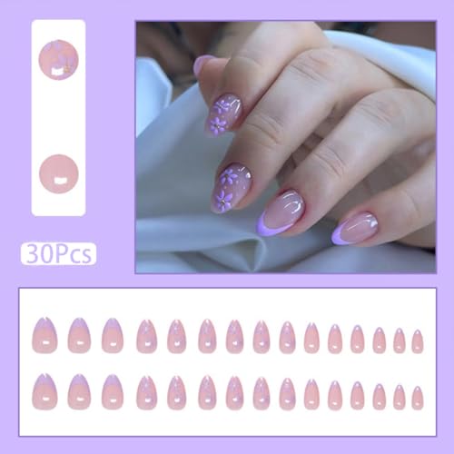 30 Pcs Purple Flower French Tip Press On Nails - Acrylic Almond Shape