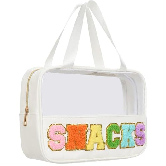 Snacks Bag Clear Chenille Varsity Letter Zipper Pouch Travel Makeup Bag Aesthetic Storage Organizer Pouches for Women with Glitter Patch Letters