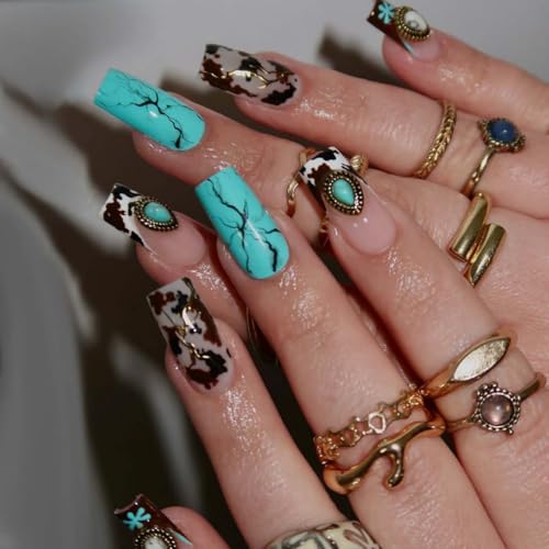 LINMEIZAI SS-C12 Blue Marble French Press On Nails 24 Pack - Long Square Fake Nails for Women