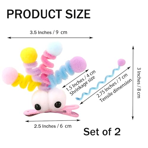 MIUPOO Fluffy Pom Poms Hair Clips for Girls - Pink Eyes Quirky Monster Barrettes, 2 Pieces