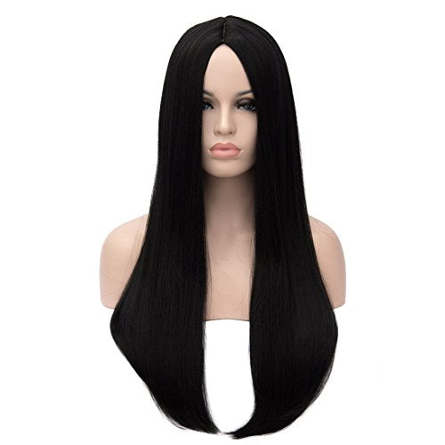 26 Inch Black Long Straight Wig for Women – Middle Part, Heat-Resistant Synthetic Hair, Adjustable Fit, Halloween & Cosplay Costume