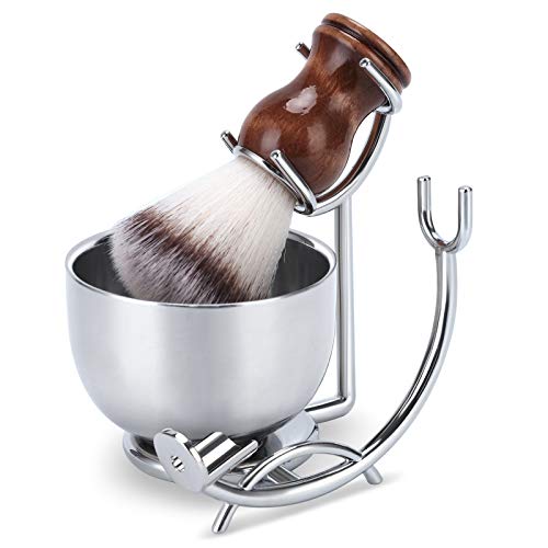 Shaving Stand Set with Stainless Steel Bowl & Natural Wood Brush