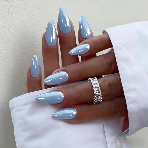SXVME Sky Blue Chrome Press On Nails - Almond Shape, 24 Pcs