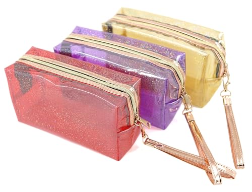 YunZh 3Pcs Clear PVC Cosmetic Bags Set - Waterproof Toiletry Bags in Red Purple Orange