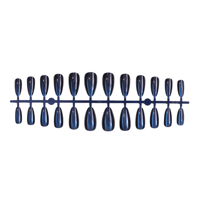 Dark Blue Almond Press On Nails - 24 Pcs Pearl Shimmer French Fake Nails