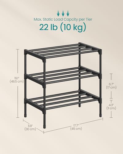 SONGMICS Compact 3-Tier Shoe Rack Organizer - Stackable Metal Storage for Small Spaces, Ink Black