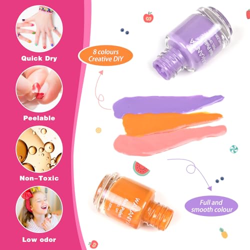 Wakaniya Kids Non-Toxic Quick Dry Peel-Off Nail Polish Kit 8 Colors with Gems & Stickers - Variation A