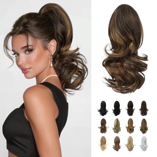 SOFEIYAN 13 Inch Long Curly Ponytail Extension - Dark Brown/Golden Auburn Clip-in Hairpiece
