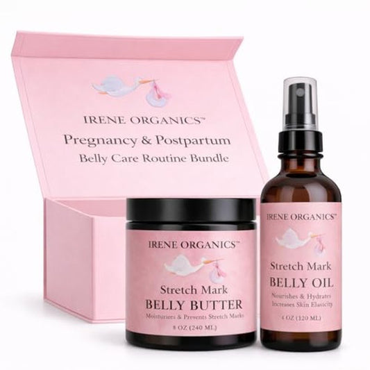 Belly Bundle by Irene Organics - Organic Belly Butter and Oil for Pregnancy Stretch Mark Prevention and Treatment - Award Winning Skincare For Pregnancy and Postpartum - Mother's Day Gift Set (Large)