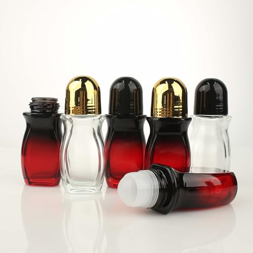 COSIDEA 50ml Refillable Glass Oil Roller Bottles with Red Gradient and Black Caps, Pack of 5