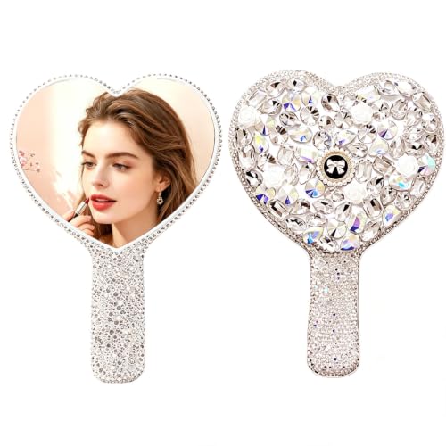 Frinnovan Large White Rhinestone Heart Handheld Mirror with Handle - Glamour Cosmetic Mirror (Large-White)