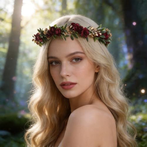 Red Rose Flower Headband - Artificial Fairy Elf Crown with Baby's Breath & Green Leaves