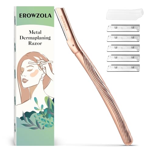 Eyebrow Razor, Face Razors for Women and Men, Reusable Metal Handle with 6 Refill Blades, Eyebrow Trimmer with Precision Cover, Dermaplane Razor, Skin Care Tool - Rose Gold