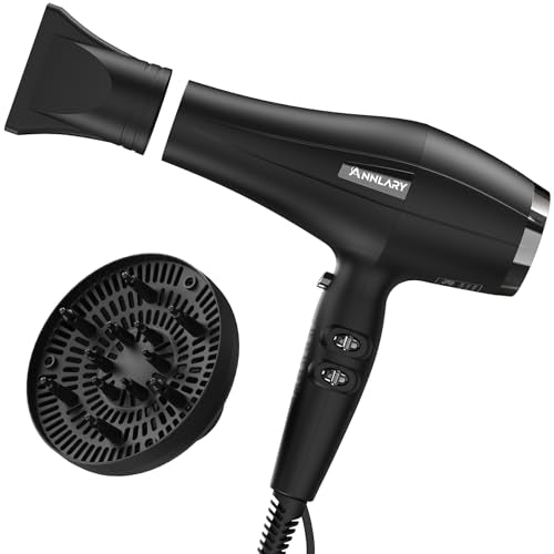 ANNLARY Ionic Hair Dryer with Diffuser, 1875W Fast-Drying Black