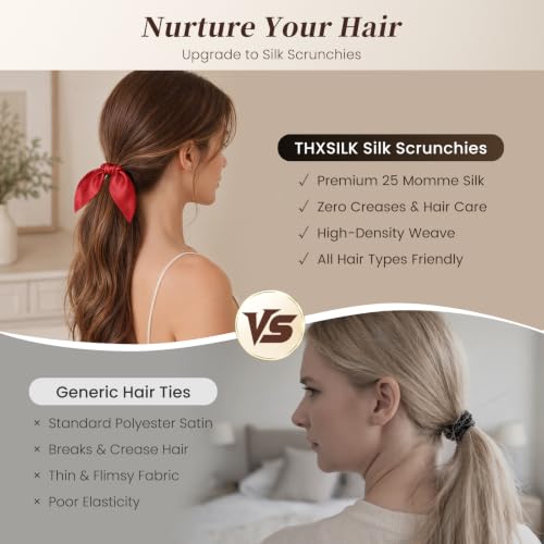 THXSILK 100% Pure Mulberry Silk Scrunchie with Bow - Red Hair Accessory