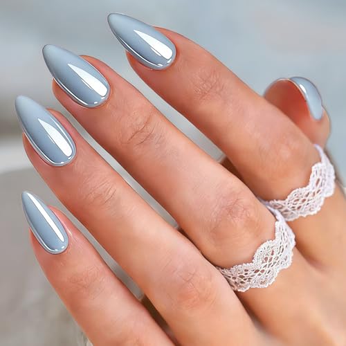 SXVME Sky Blue Chrome Press On Nails - Almond Shape, 24 Pcs