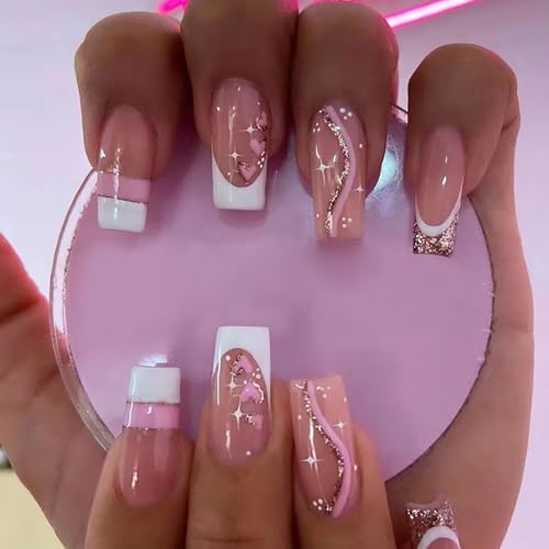 TBRZTR Press on Nails Square Medium Pink Love Heart Stars False with