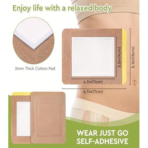 STFOCE 20pcs Castor Oil Pack Wrap, Portable Self-Adhesive, Disposable Castor Oil Pack Organic Cotton for Stomach, Liver, Belly & Entire Body, No Leaks, No Irritation, Stick Overnight (Kahaki)