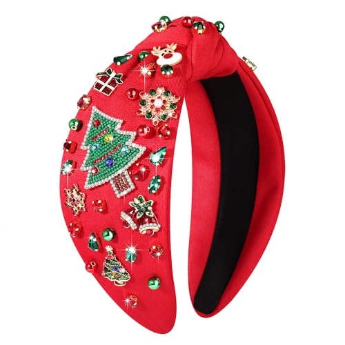 NVENF Plaid Christmas Headband with Pearls and Crystals - Wide Knot