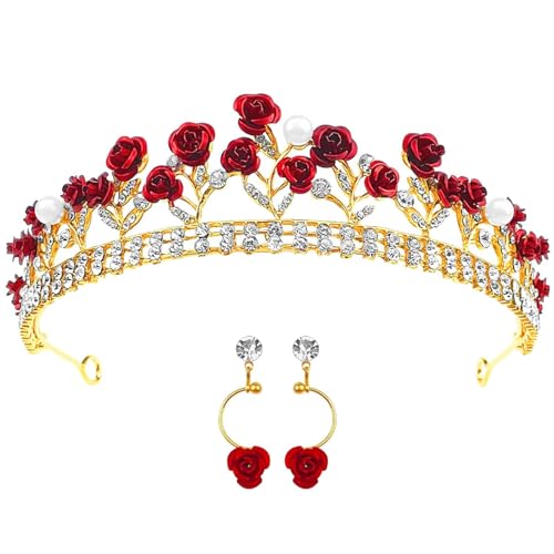 Aswewamt Red Bridal Rose Crown Headband and Earrings Set - Gold Flower Wedding Jewelry