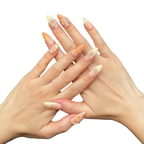 Vlazryk Handmade Medium Almond Press-On Nails with 3D Floral & Metal Charms