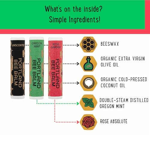 Portland Bee Balm All Natural Lip Balm 3 Pack | Unscented & Organic with Coconut & Olive Oil