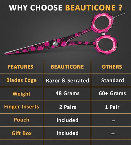 Beauticone Pink Flower Hair Cutting Scissors 6.5" Professional Salon Shears with Serrated & Razor Edge, Lightweight & Ergonomic, Gift Box
