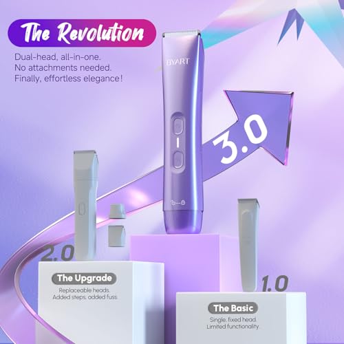 BYART Bikini Trimmer for Women Dual Head ? IPX7 Waterproof & Painless Electric Razors for Pubic Hair, Face, Legs, Underarms ? Portable Cordless Shaver with Fast Charging, Self Care Gifts for Women