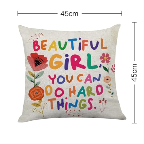 Beautiful Girl You Can Do Hard Things Inspirational Pillow Cover - 18x18