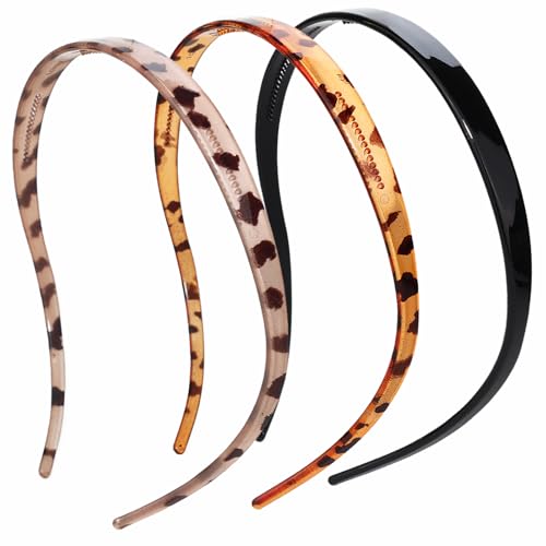 KOVOLITU 3 Pack Headbands for Glasses, Flex No Pressure Hairbands with Teeth - Leopard Black Grey Brown (Bright Surface)