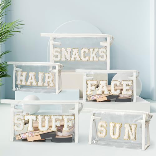 SNACKS Clear Makeup Bag, White Chenille Varsity Letter Travel Pouch