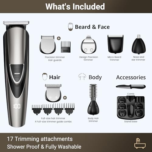 Rechargeable Beard Trimmer for Men: Professional Barber Hair Clipper with Detachable Blade & Turbo Speed, 12-in-1 Cordless Grooming Kit, IPX6 Waterproof, Safety Lock, Father's Day gifts