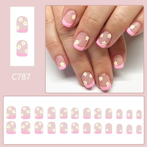 Pink French Tip Press-On Nails with Flower Design - 24 Pcs